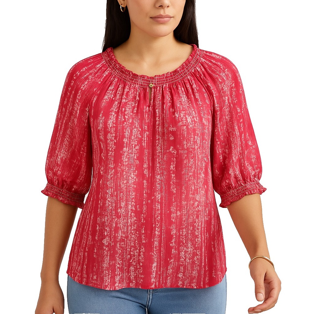 Chico's Womens 1 (M) Red White Abstract Print Smocked Neck Sheer Peasant Blouse